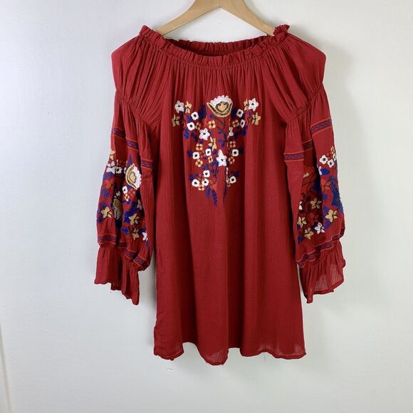 R Vivimos Floral Embroidered Off the Shoulder Boho  Dress Maroon Small Festival - Picture 2 of 7
